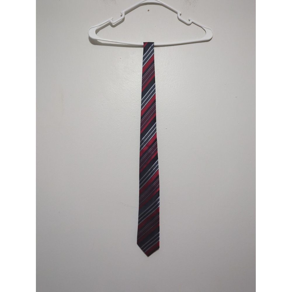 Geoffrey Beene Mens Red Black Grey Striped 100% Silk Handmade Necktie‎ Classic